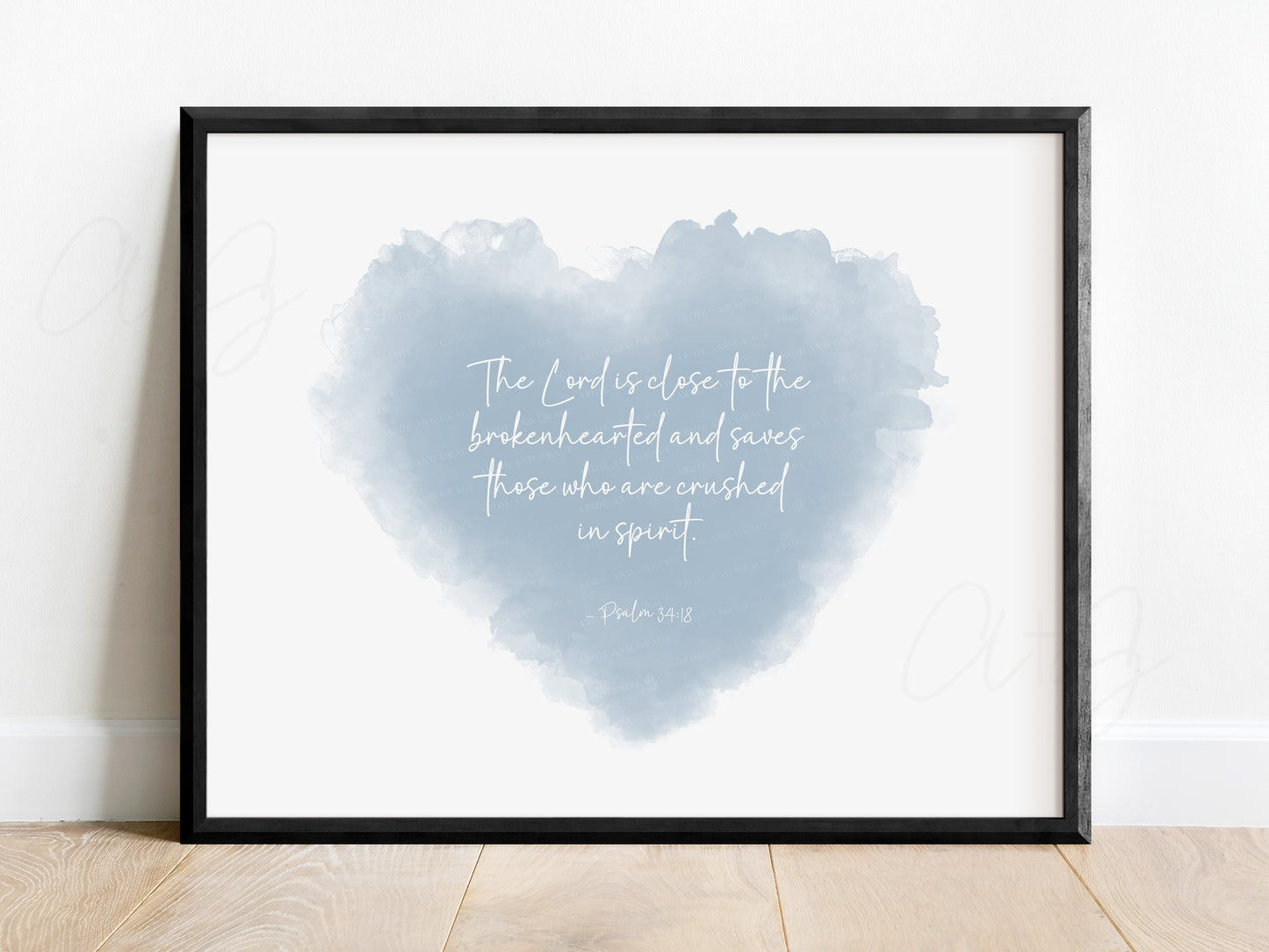 Baby loss memorial wall art with Psalm 34:18 in heart design