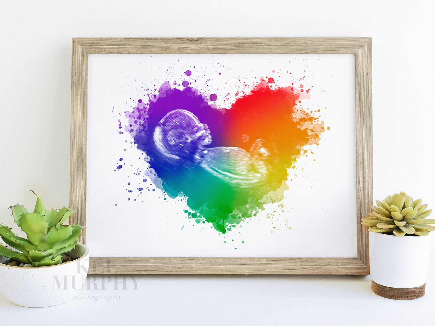 Personalized rainbow baby ultrasound keepsake with watercolor heart design