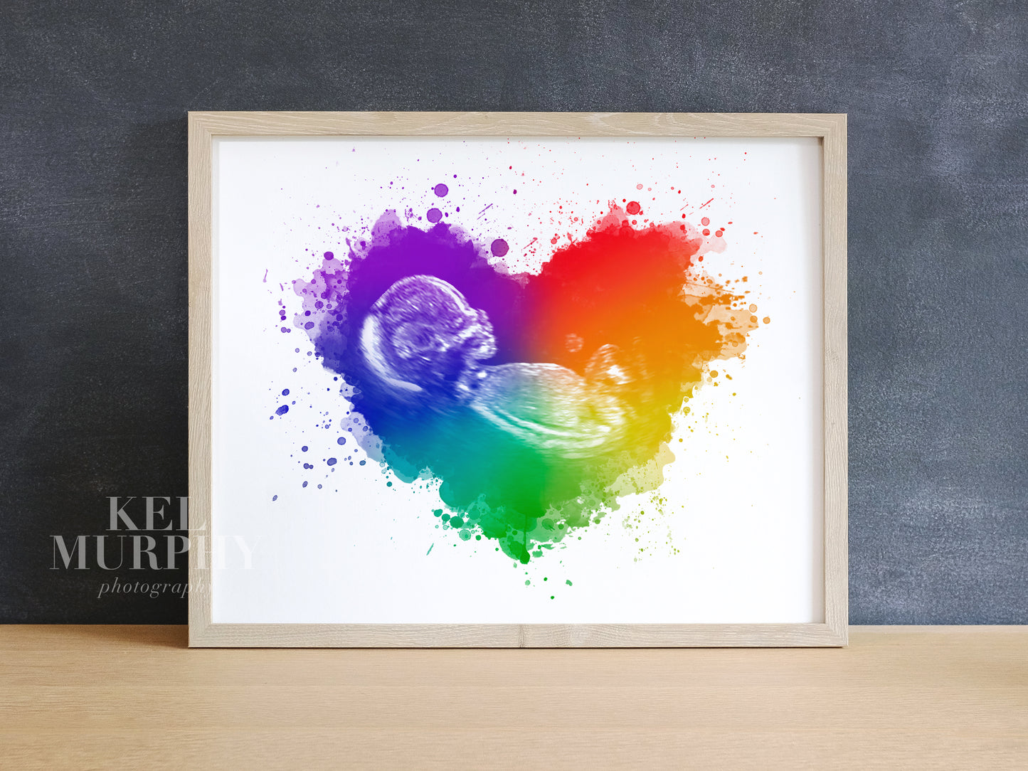 Watercolor rainbow baby splatter heart ultrasound artwork for new mom gift