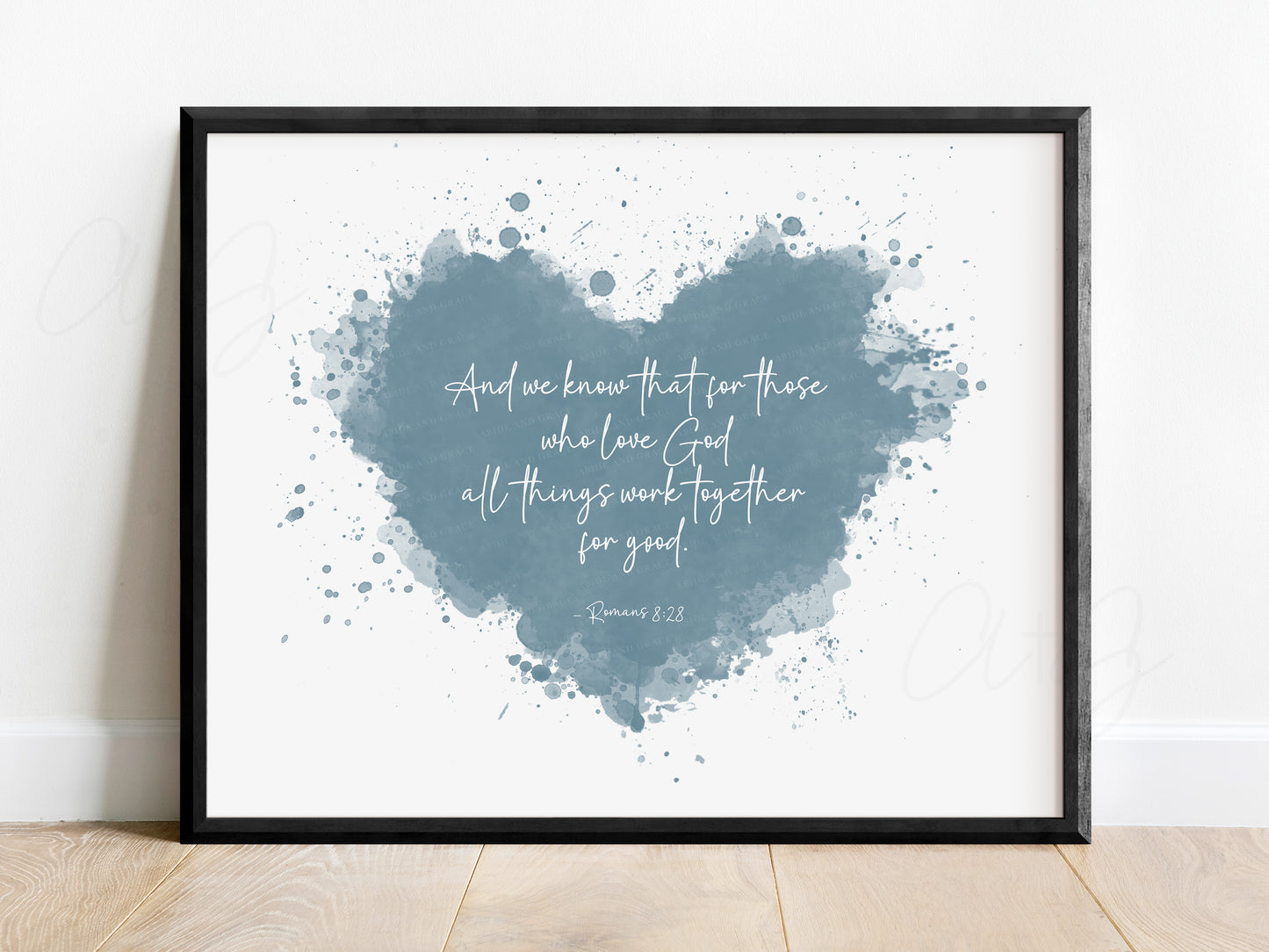 Heart Scripture print with Romans 8:28 Bible verse for Christian nursery decor