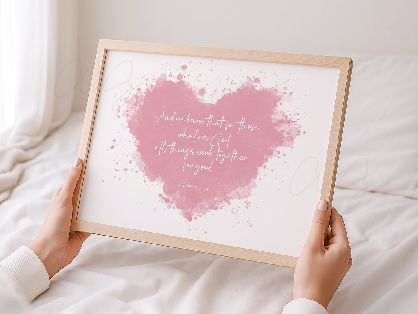 Romans 8:28 heart Scripture art displayed in frame for baby shower gift or encouragement