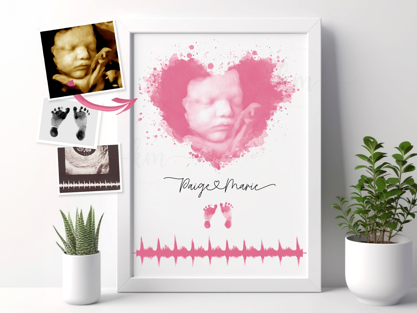 Baby memorial artwork with heartbeat soundwave and ultrasound design