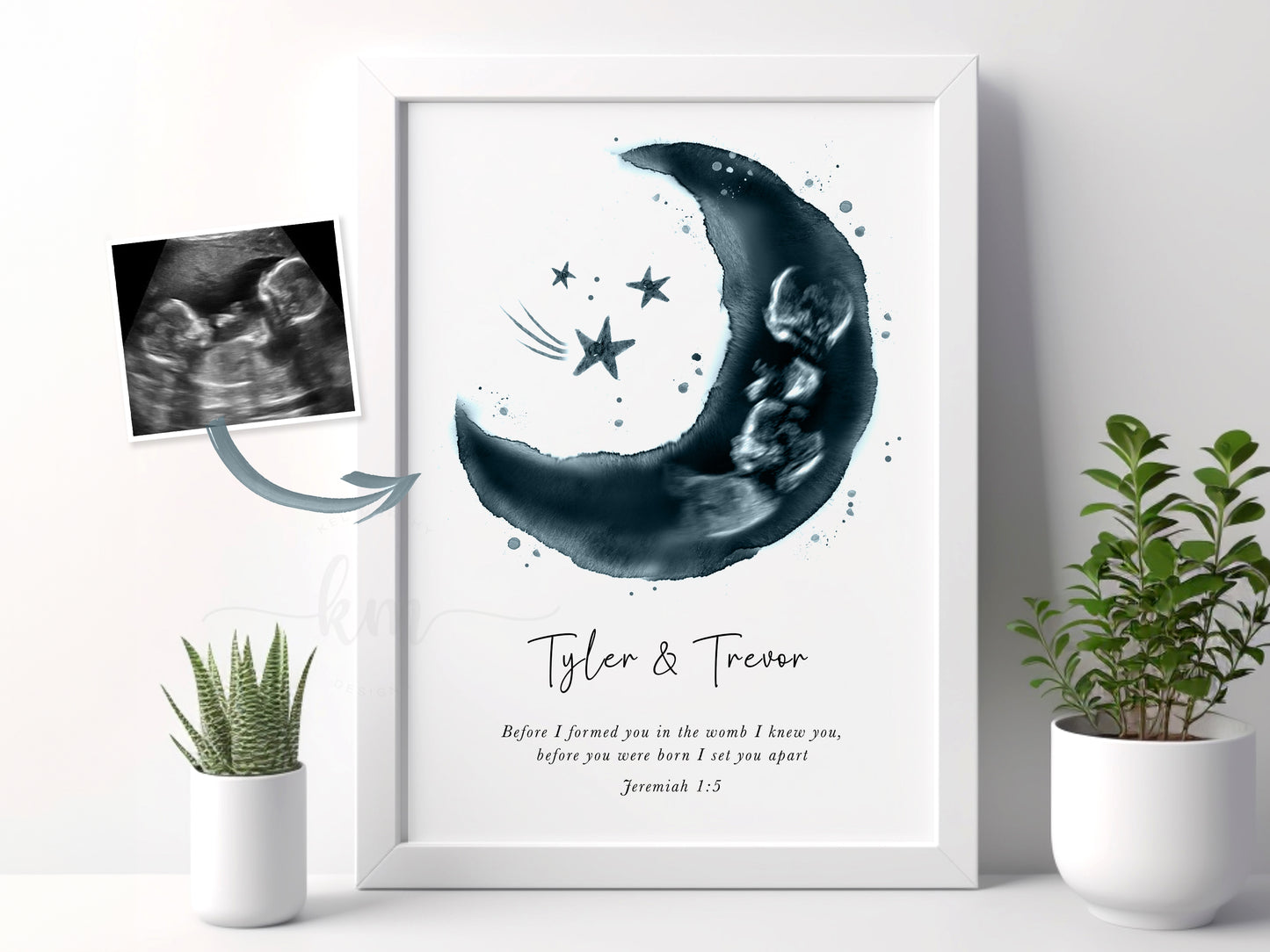 Twin baby loss memorial ultrasound keepsake in moon and stars watercolor design