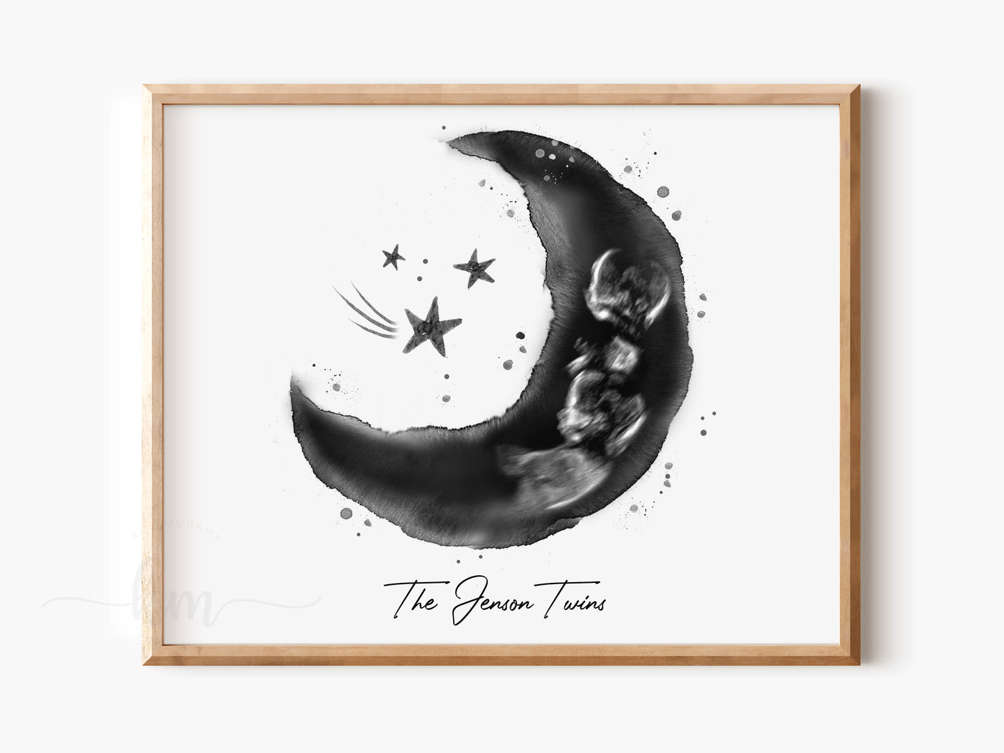 Personalized moon and stars twins ultrasound print with names or Bible verse