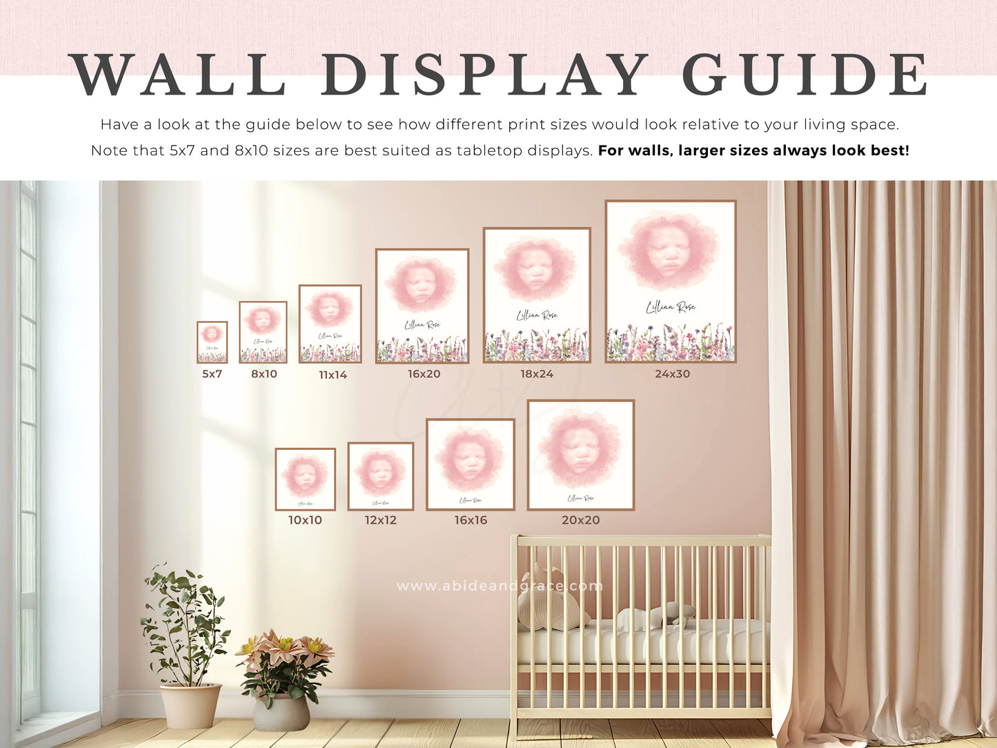 watercolor ultrasound art size guide wall display chart print size comparison nursery wall art sizing guide ultrasound keepsake artwork size options for framing