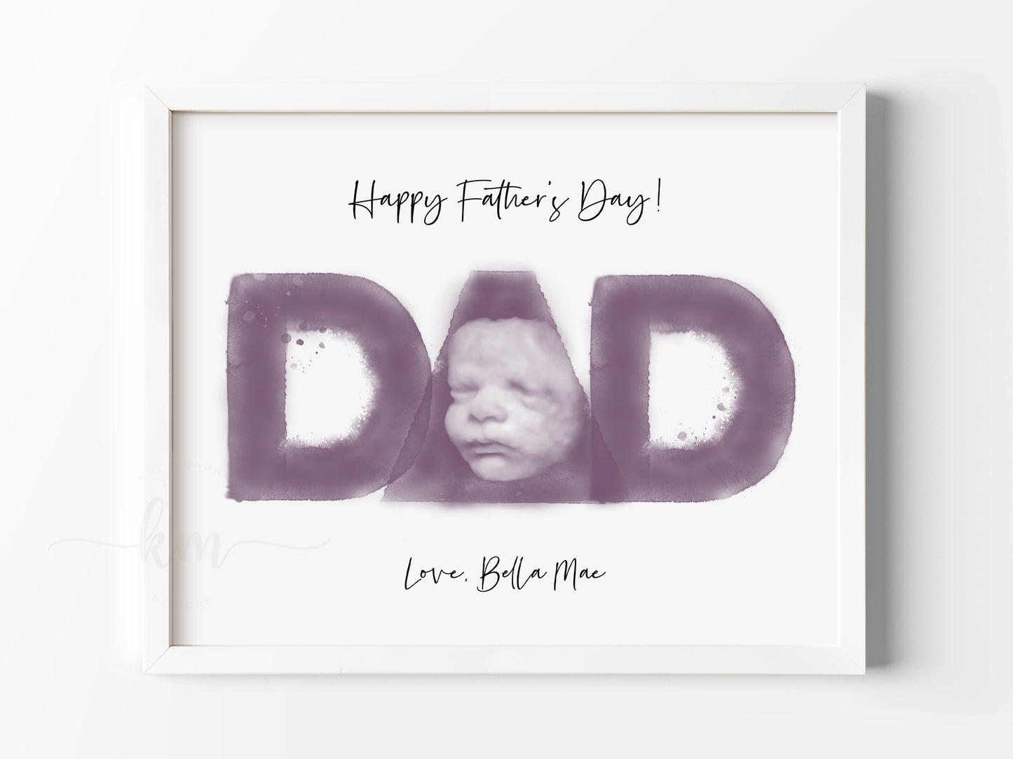 Before and after of ultrasound photo and final dad keepsake design