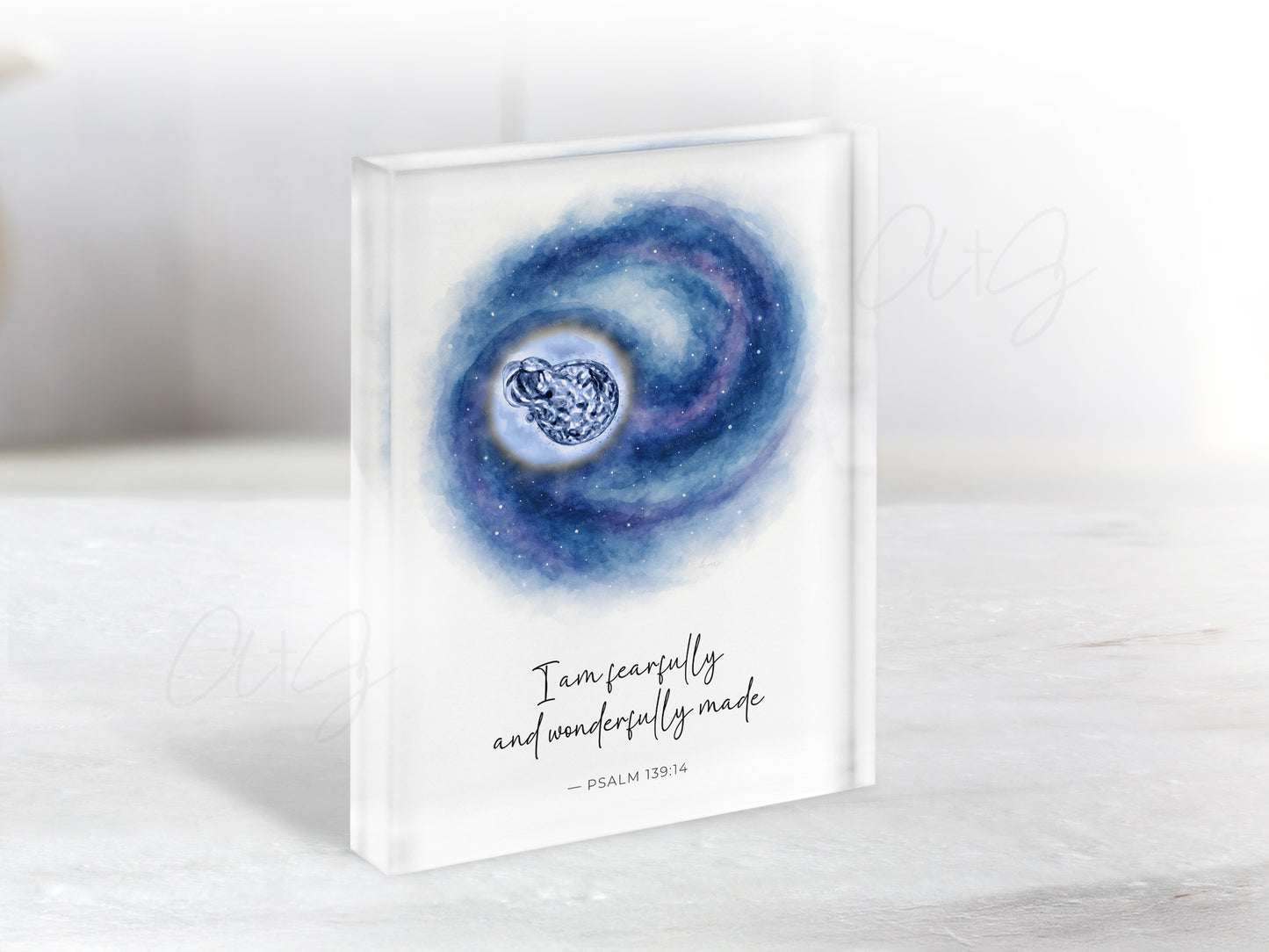 Galaxy embryo art personalized with birth details and scripture