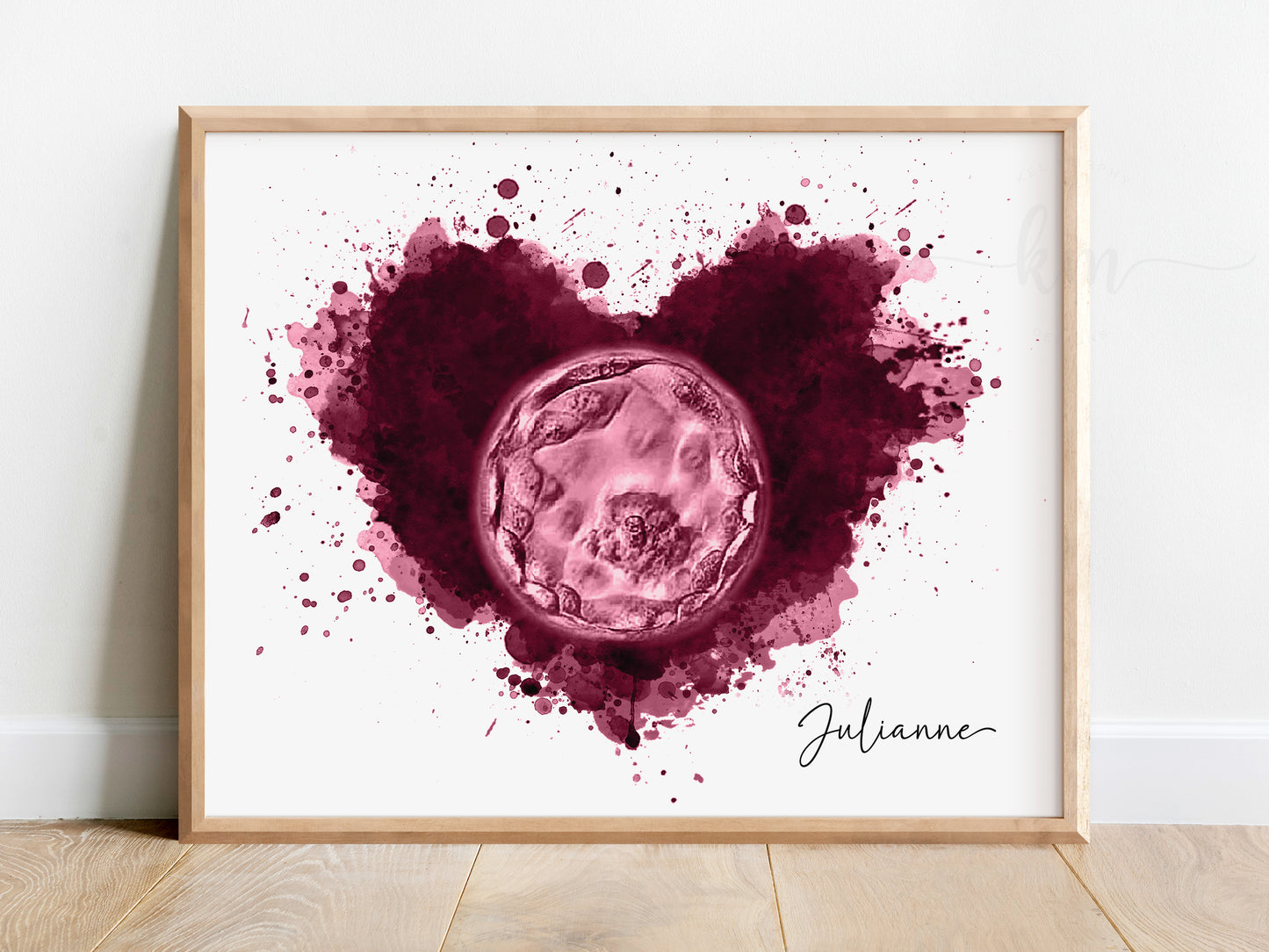 Personalized embryo art with splatter heart design for baby remembrance