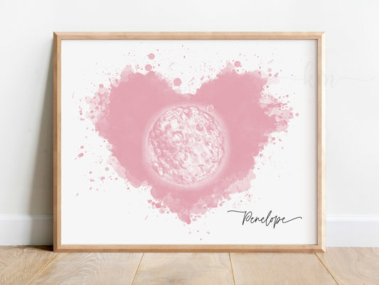 Watercolor splatter heart embryo art for IVF or baby loss gift