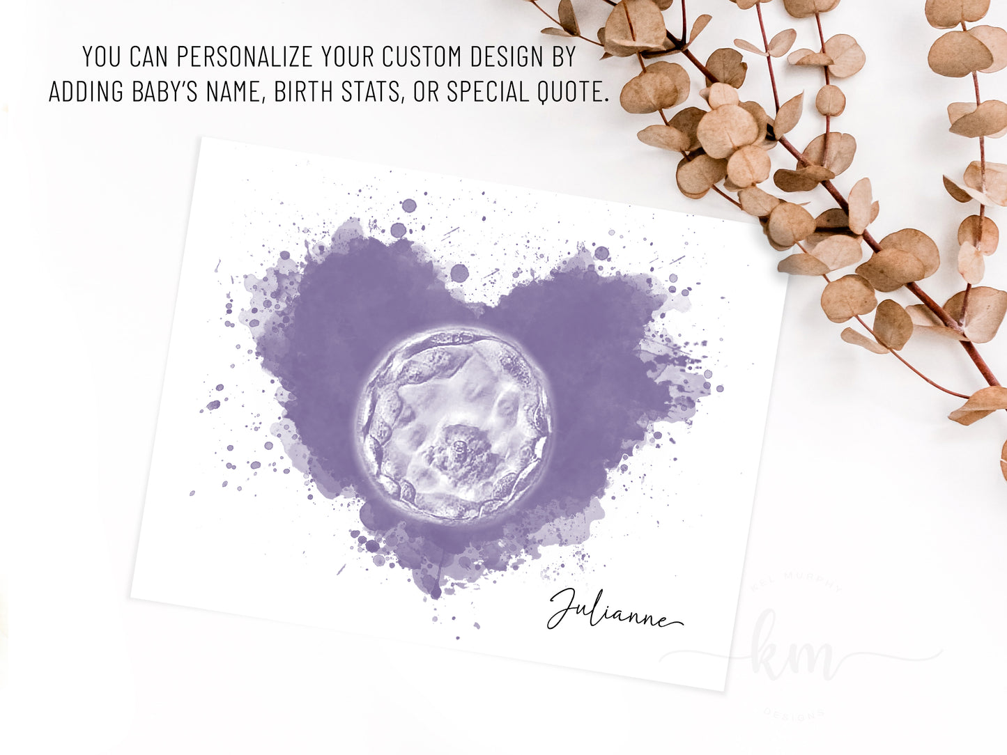 Watercolor embryo keepsake with splatter heart for baby memorial or fertility gift