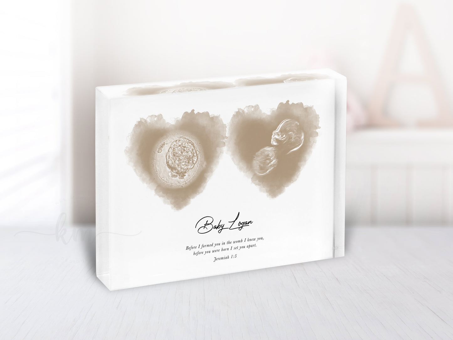 Custom two-heart artwork with ultrasound and embryo photo for IVF journey