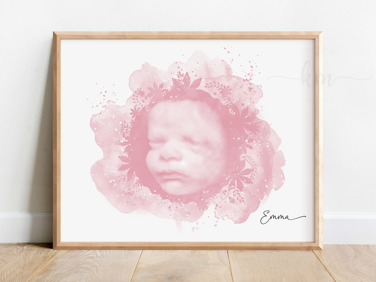 Personalized floral watercolor ultrasound design with name and birth details