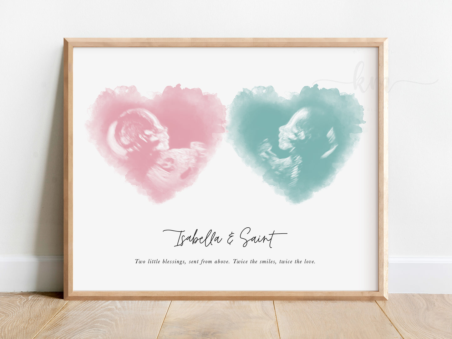 Custom twins ultrasound art with two watercolor hearts for baby loss or baby shower gift