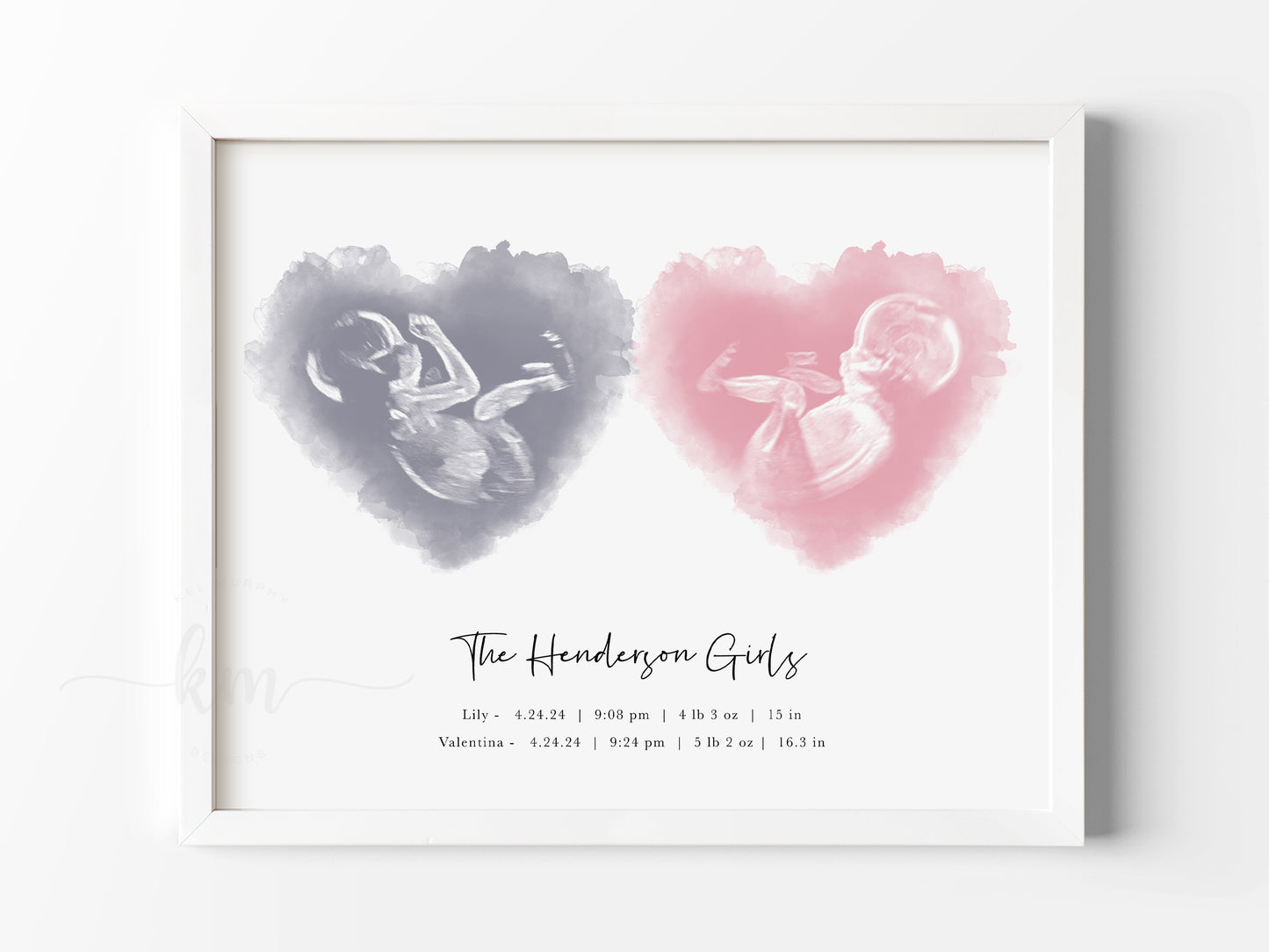 Personalized two-heart twins keepsake with baby's name and ultrasound photos