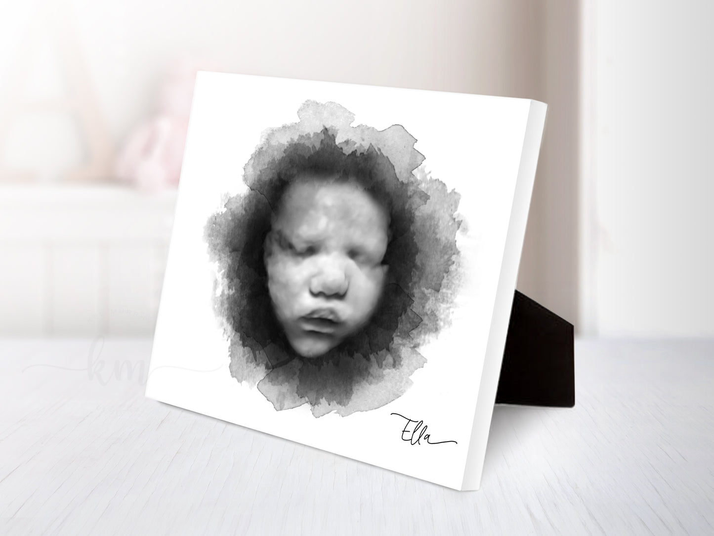 Watercolor circle ultrasound art with name and birth stats personalization