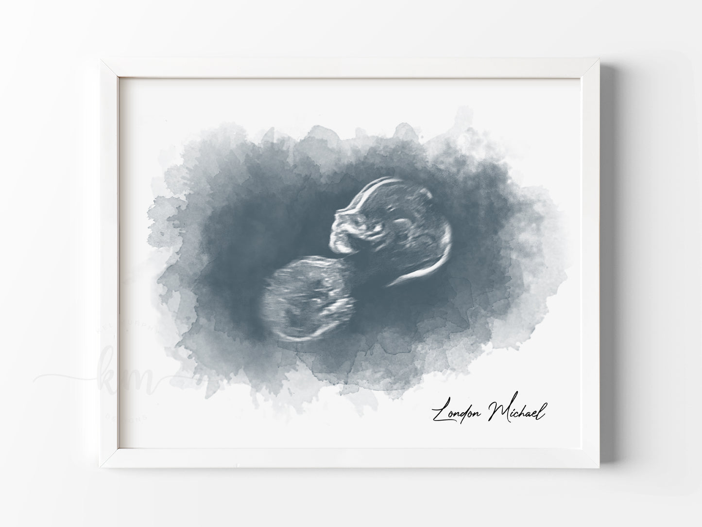 Before and after of ultrasound photo and final rectangle keepsake design