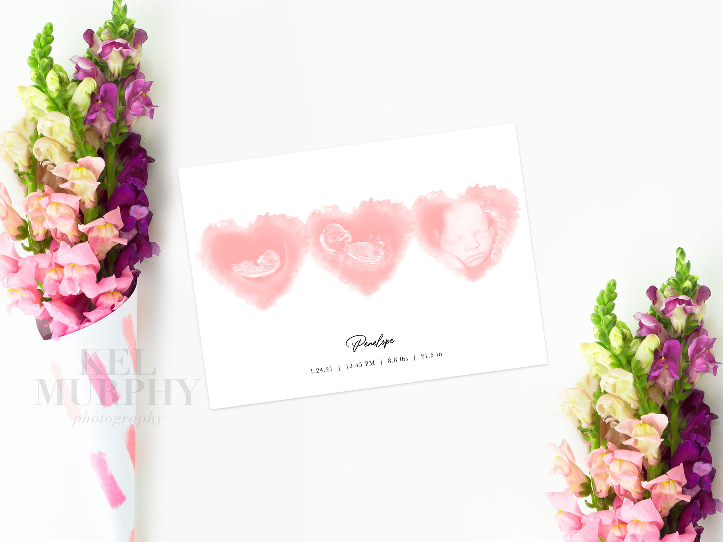 Three-heart ultrasound watercolor print for rainbow baby or memorial