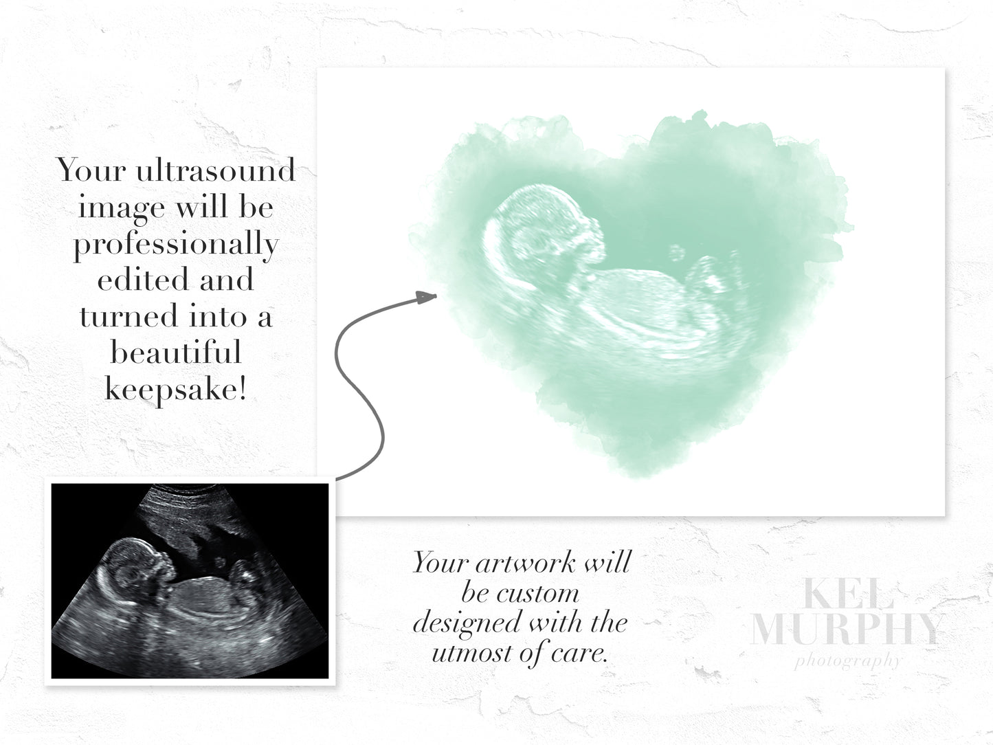 Before and after of ultrasound photo and final heart design with memorial quote
