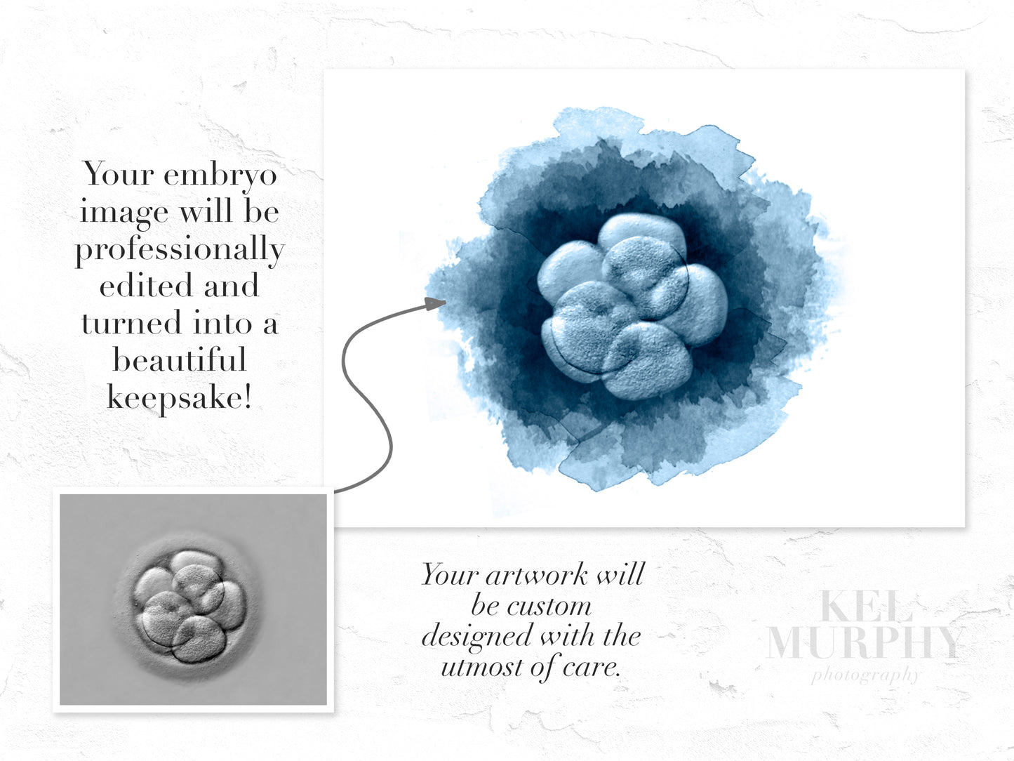 Before and after of embryo photo and final circle keepsake design