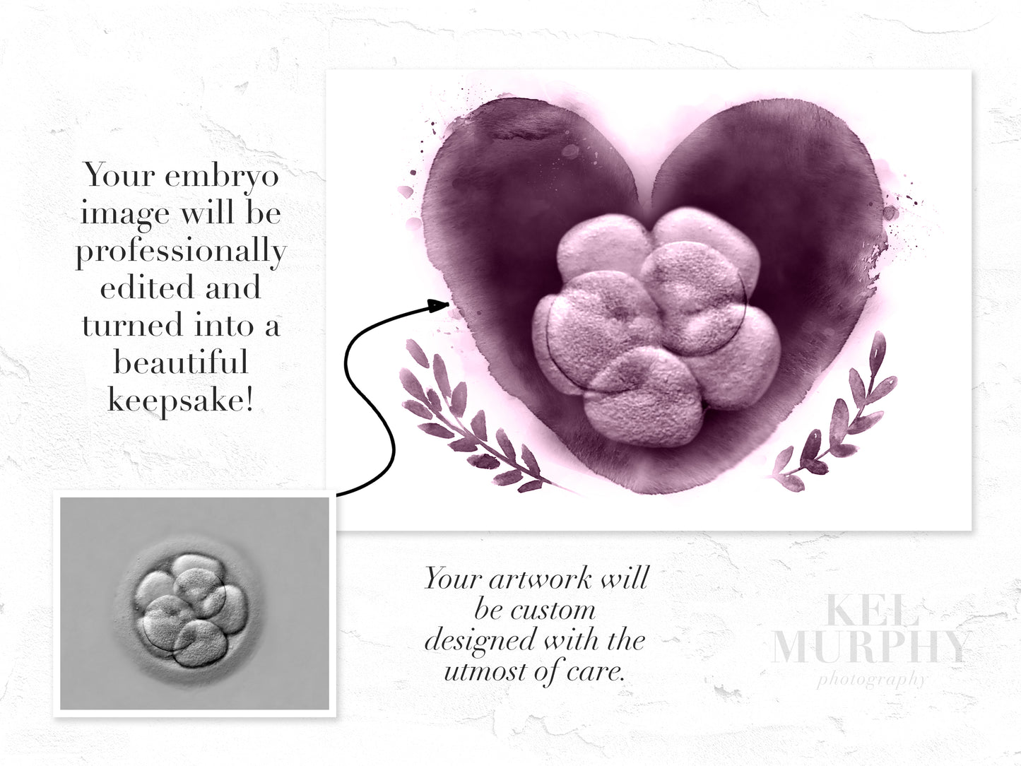 Before and after of embryo photo and final heart with branches keepsake
