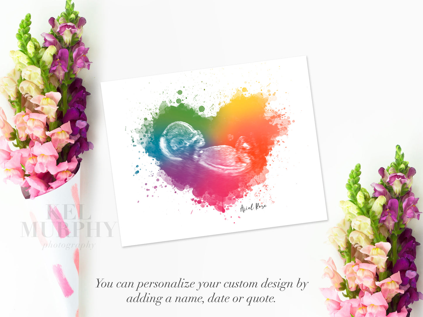 Rainbow baby memorial ultrasound print with personalized name and details
