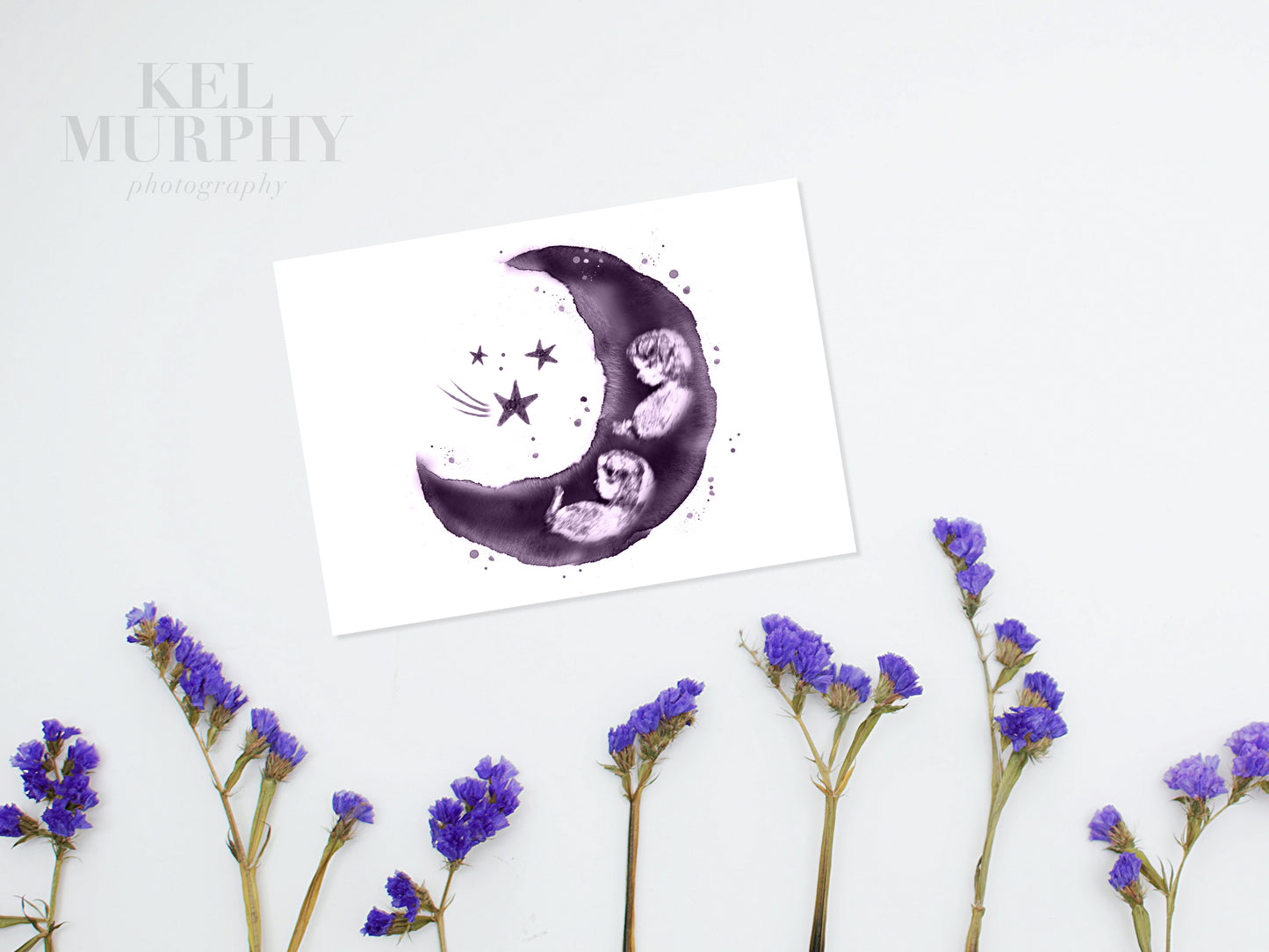 Twin baby loss memorial ultrasound keepsake in moon and stars watercolor design