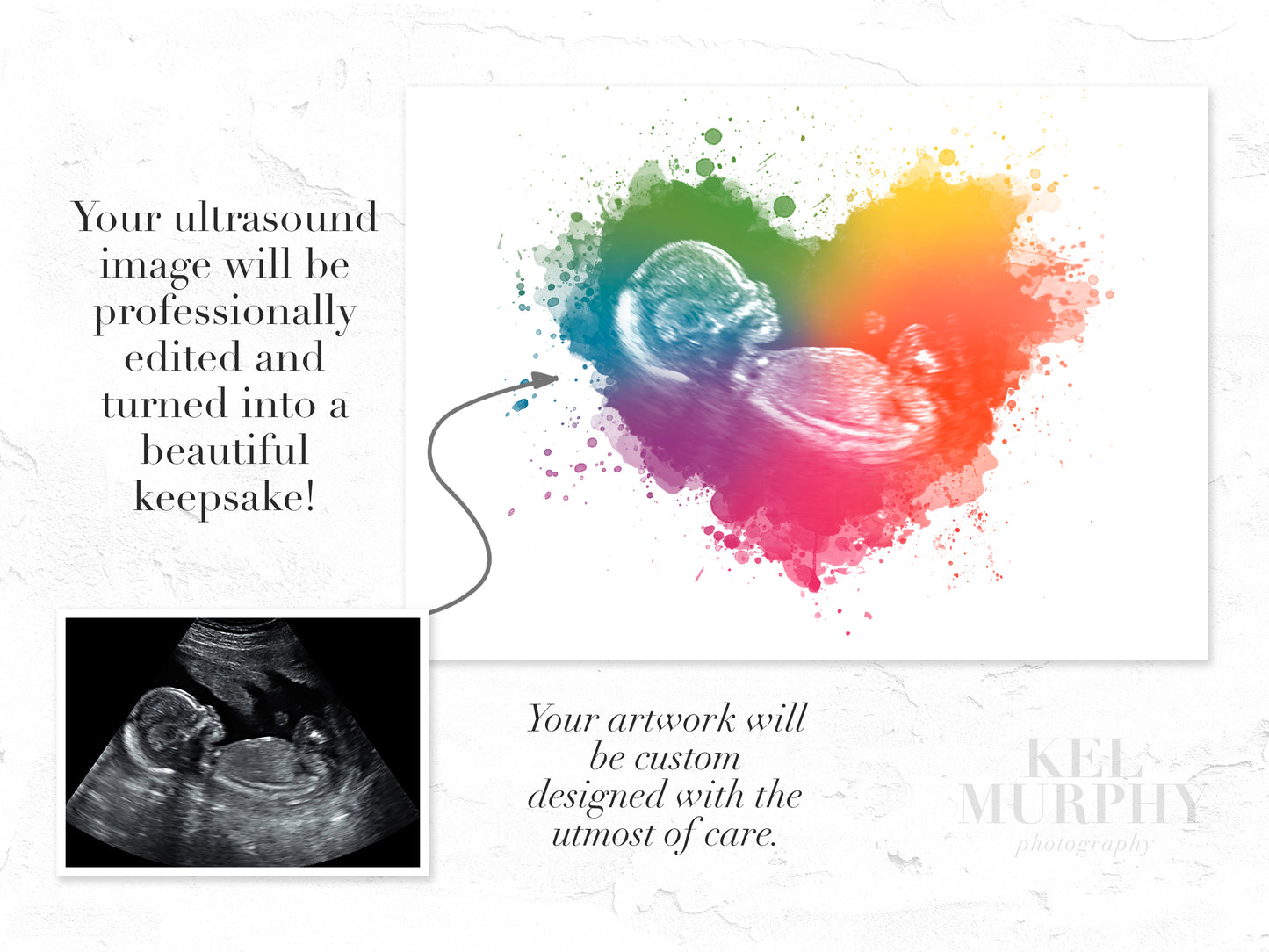 Custom rainbow baby ultrasound art featuring splatter heart watercolor style