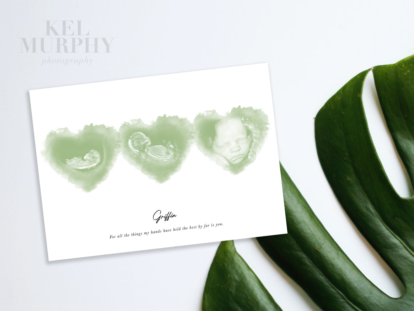 Triplet ultrasound keepsake featuring three custom watercolor hearts
