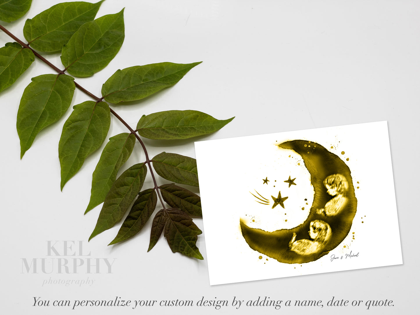 Watercolor twins ultrasound keepsake featuring moon and stars design for grieving parents