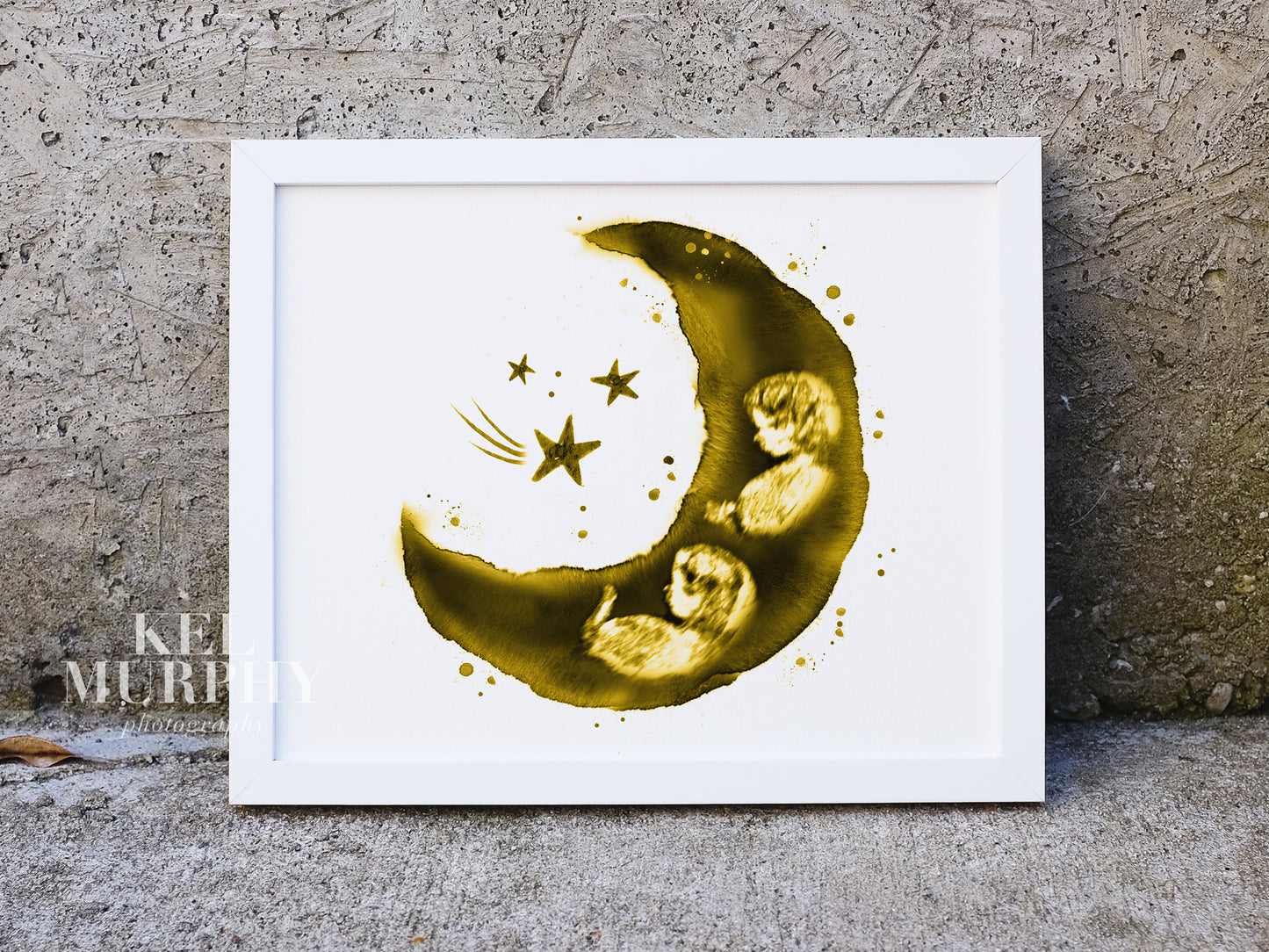 Moon and stars twins ultrasound artwork displayed as nursery or baby shower gift
