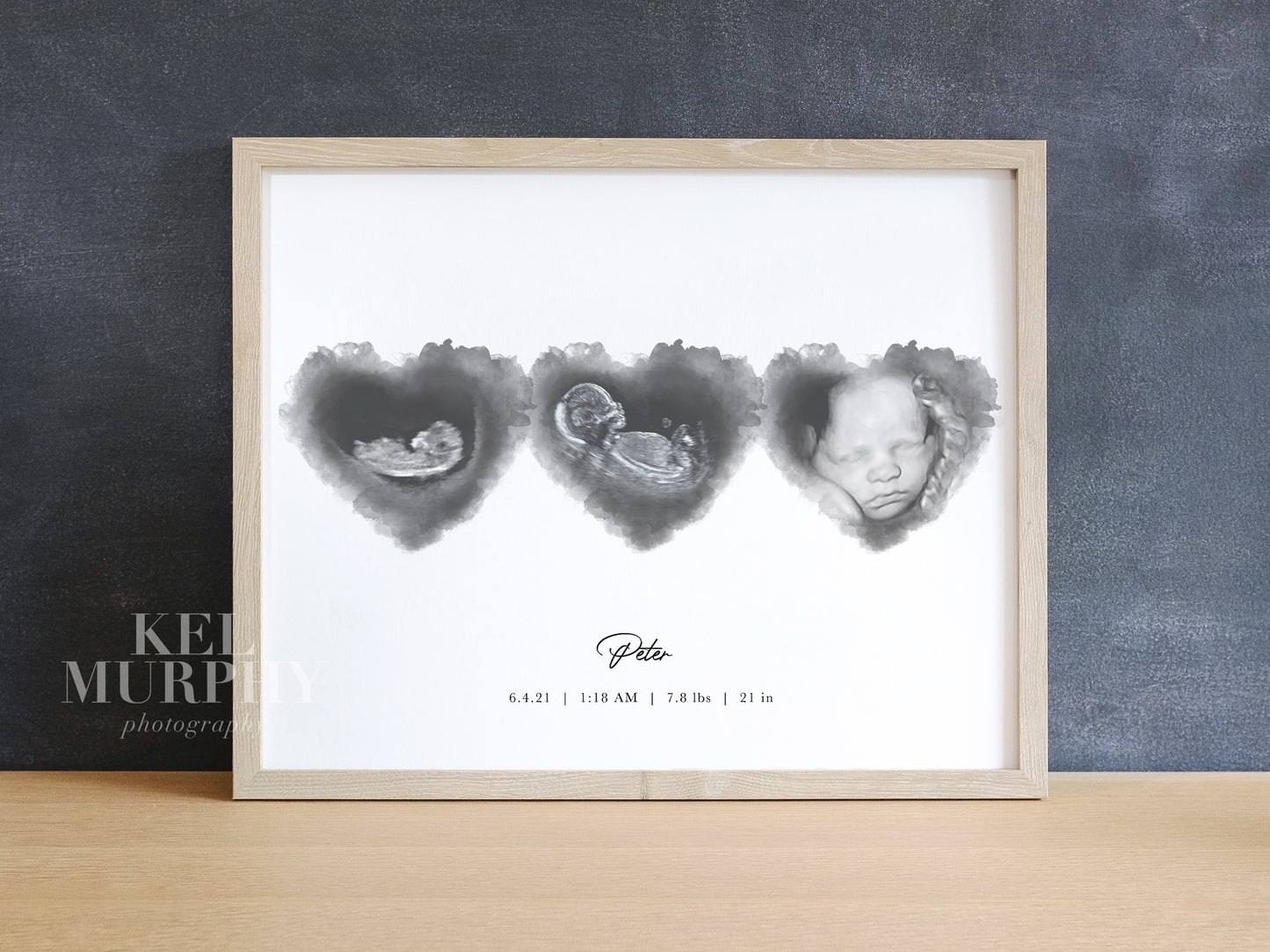 Personalized triplet ultrasound keepsake with watercolor hearts design