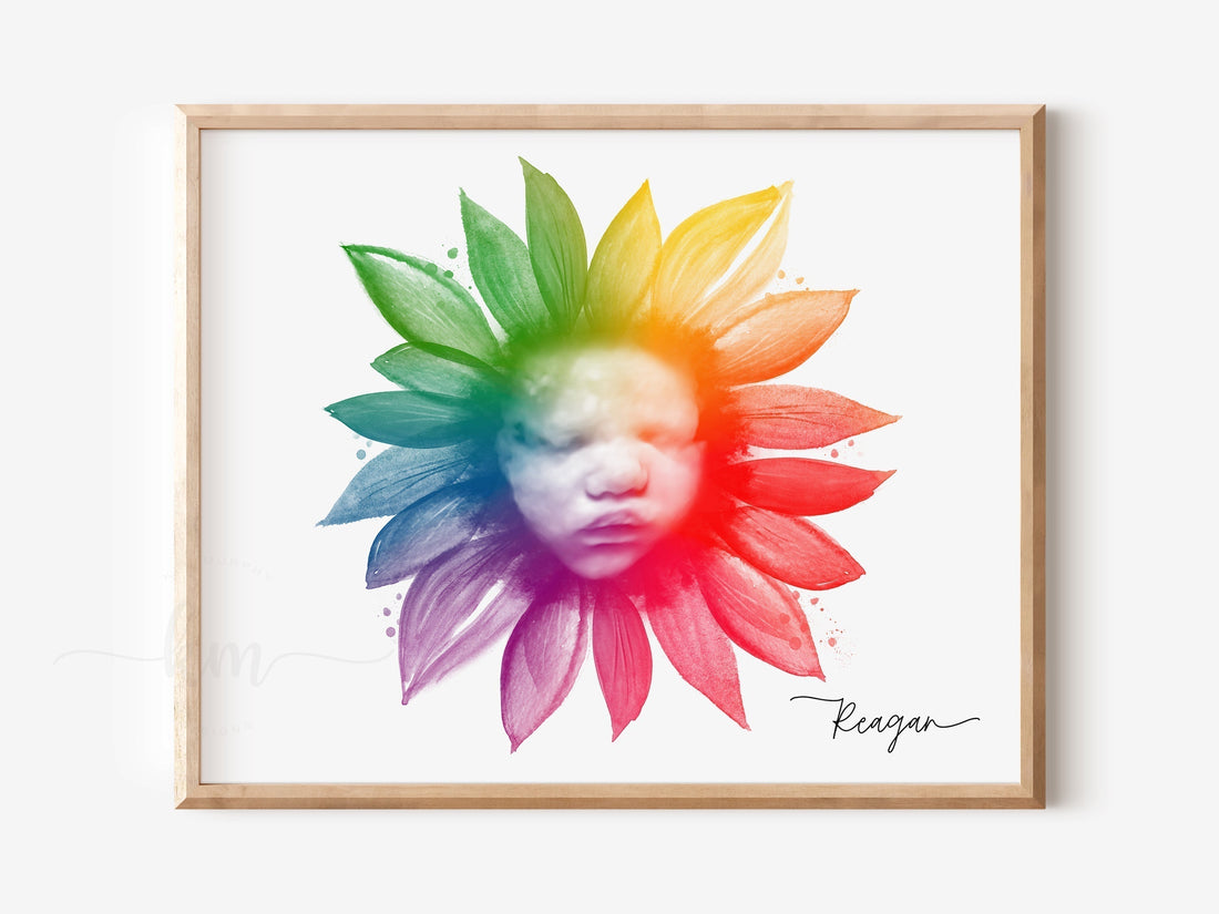 Watercolor rainbow heart with baby ultrasound for rainbow baby keepsake art