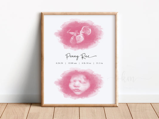 Two ovals watercolor ultrasound art for twins – baby loss or baby shower gift

