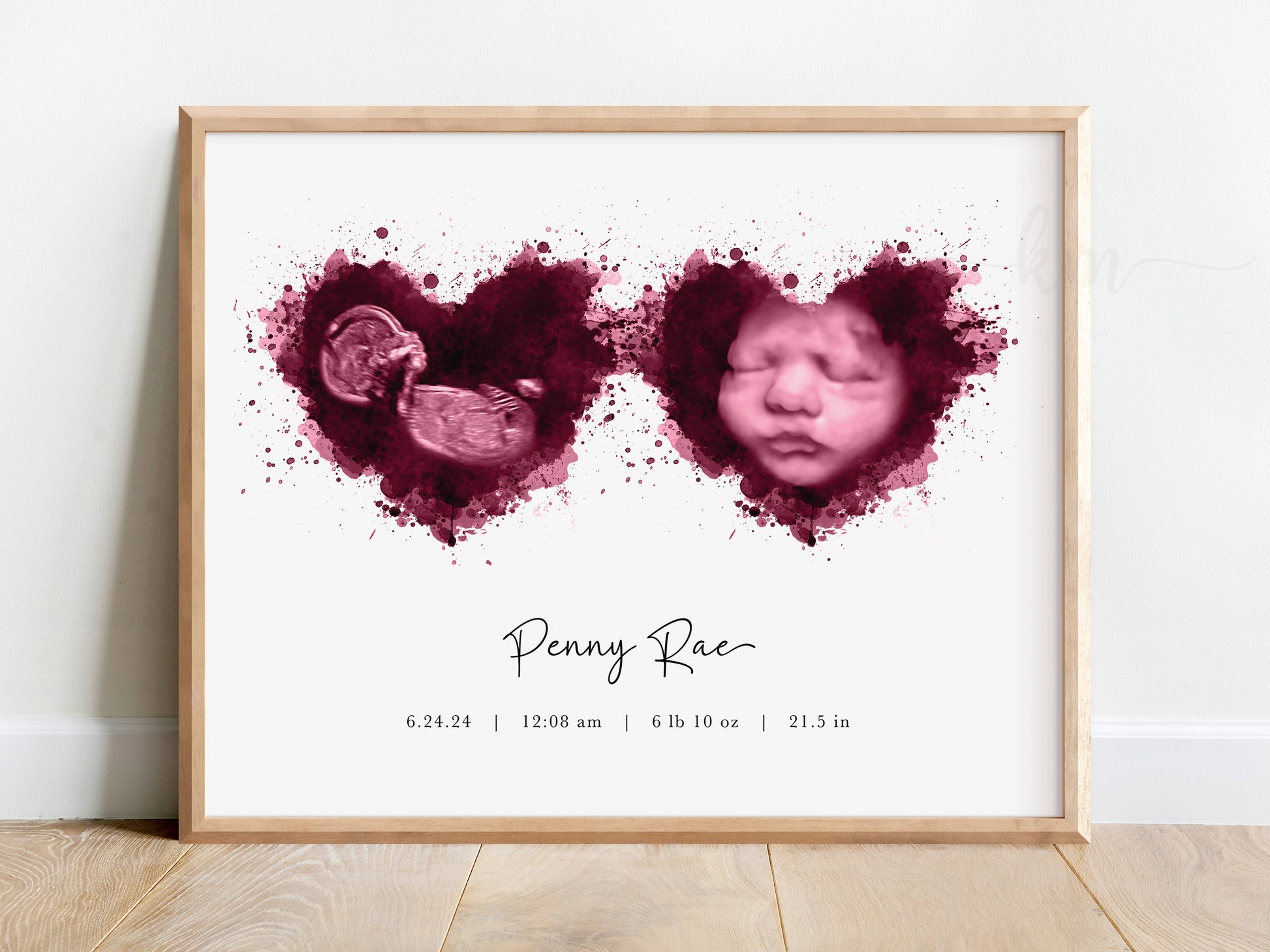 Twin ultrasound keepsake gift featuring watercolor hearts

