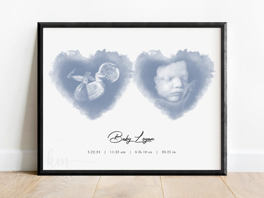 Two-heart ultrasound keepsake for twins or baby loss memorial

