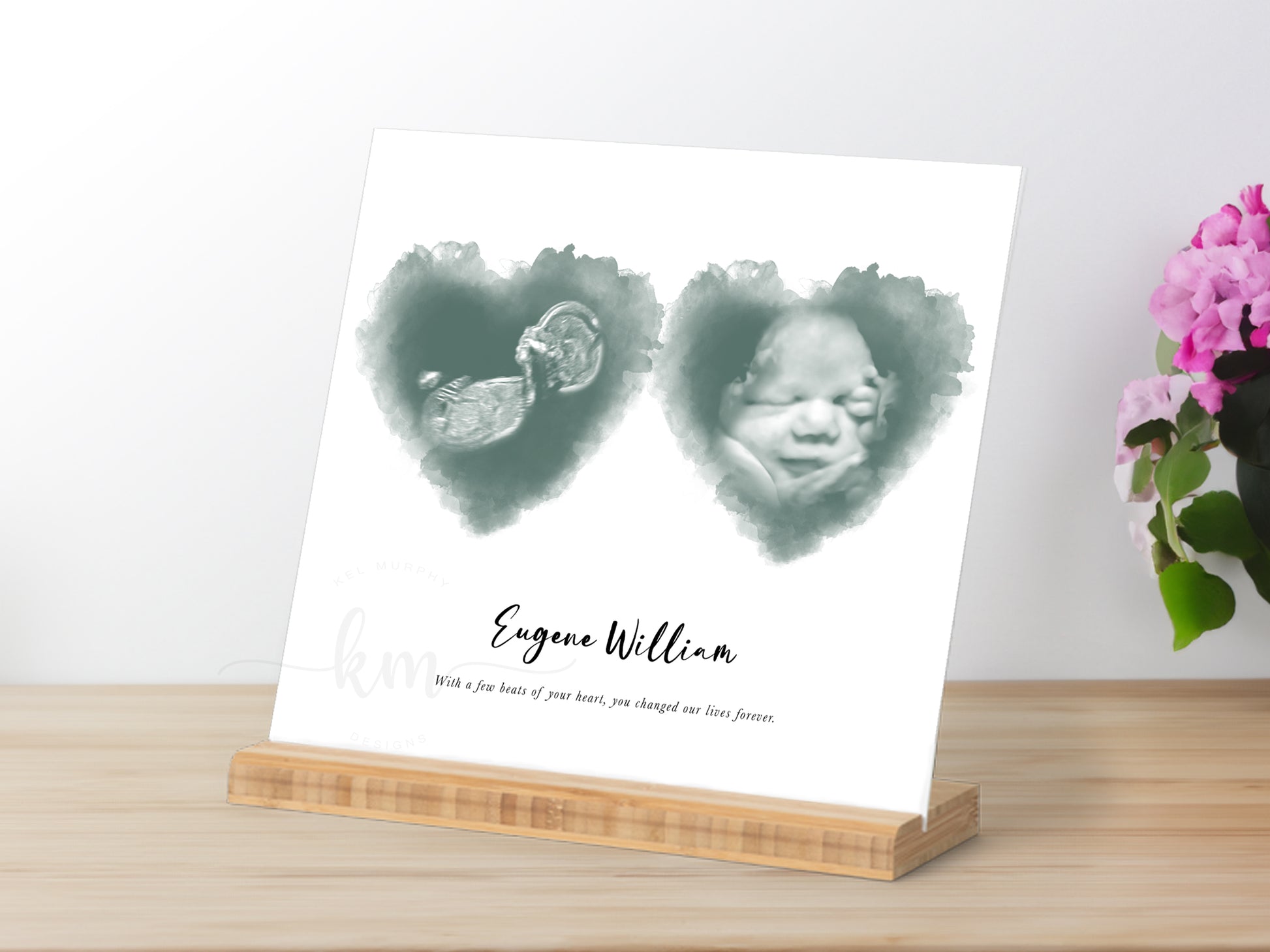 Twin sonogram art with watercolor hearts and birth details

