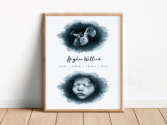 Framed ultrasound artwork featuring two ovals, personalized with baby’s name and birth details for baby loss or pregnancy keepsake


