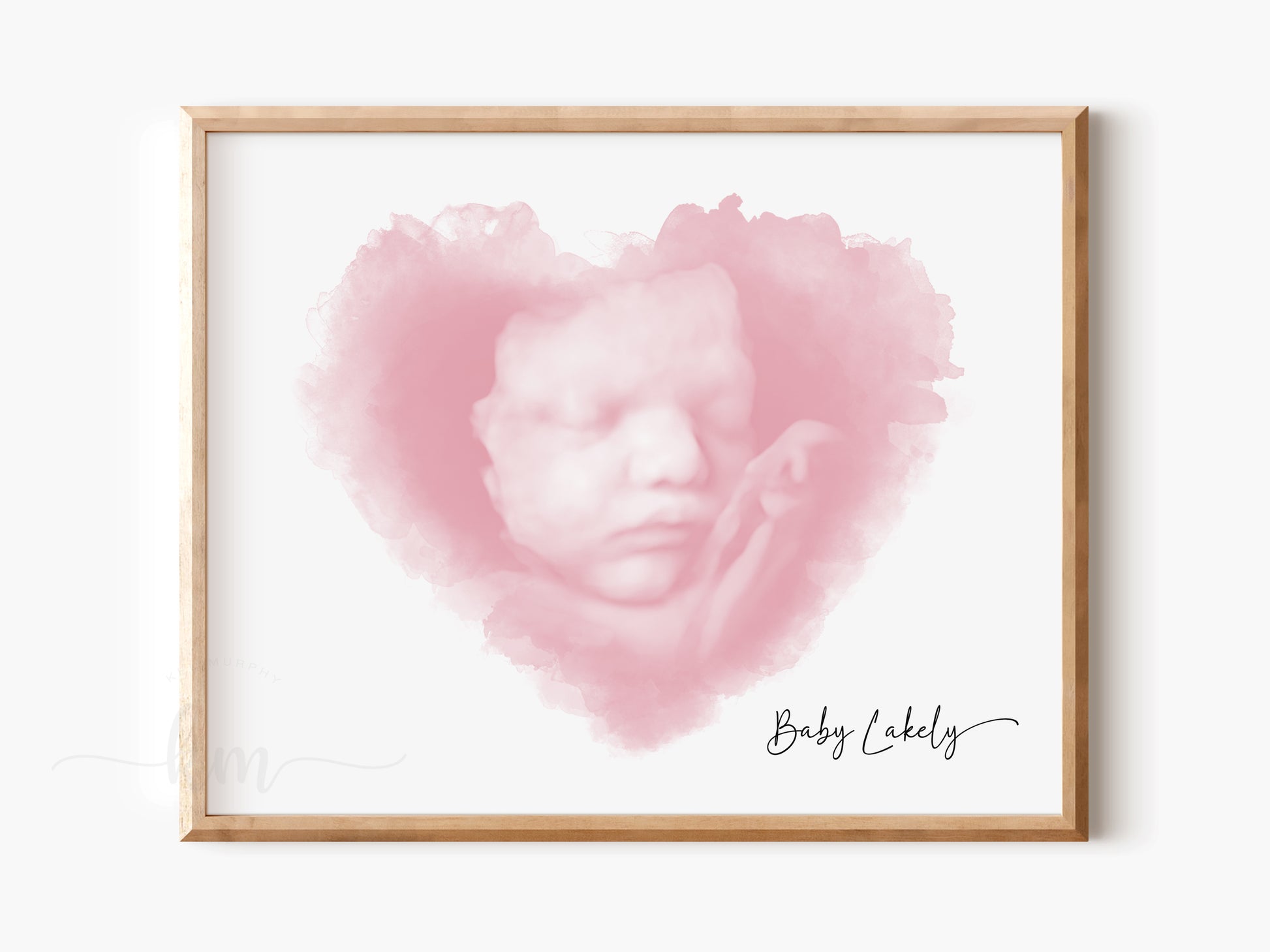 Personalized watercolor heart ultrasound keepsake with baby’s name and details

