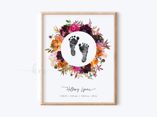 Baby footprint keepsake surrounded by fall watercolor flowers – personalized memorial art
