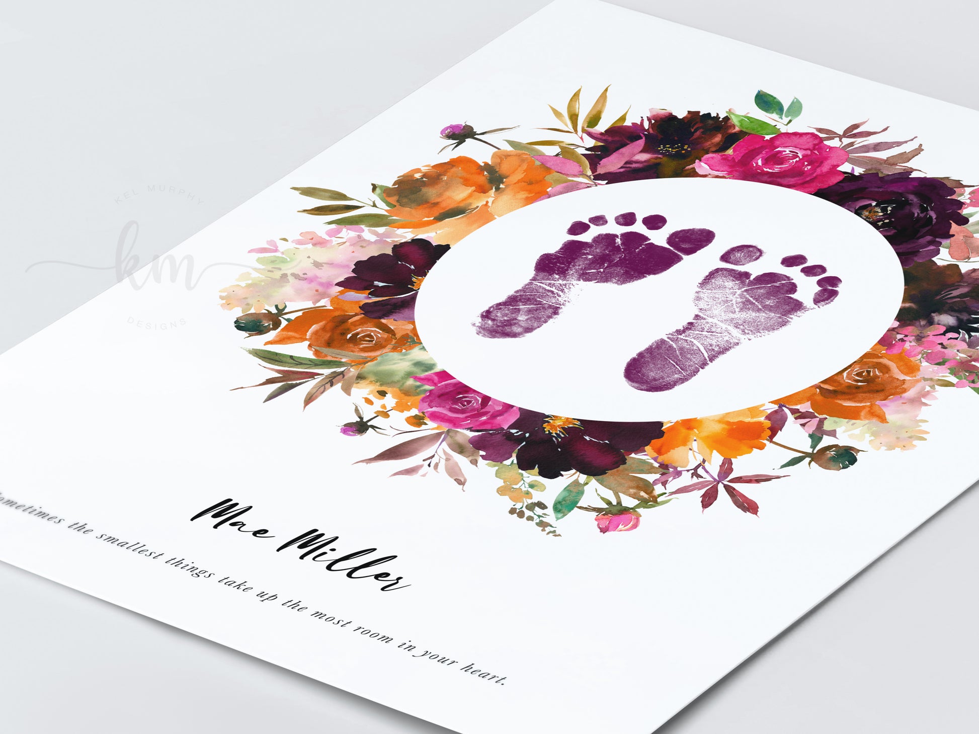 Watercolor fall floral design with baby’s footprints – baby shower or memorial gift
