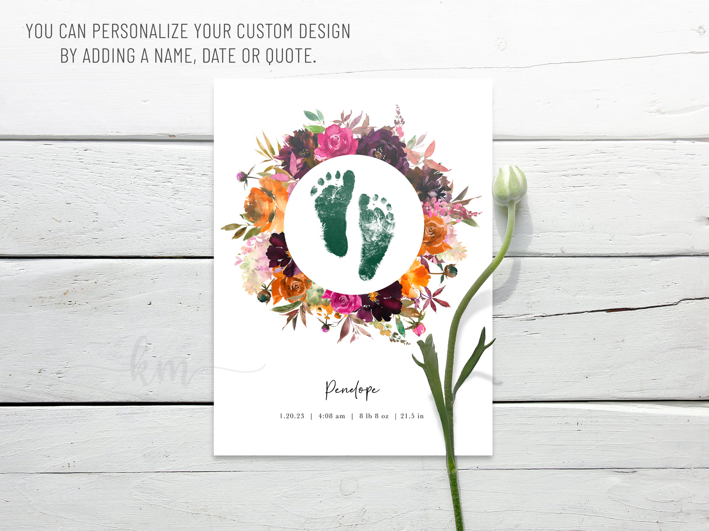 Before and after of baby footprints and fall wreath art – custom baby keepsake
