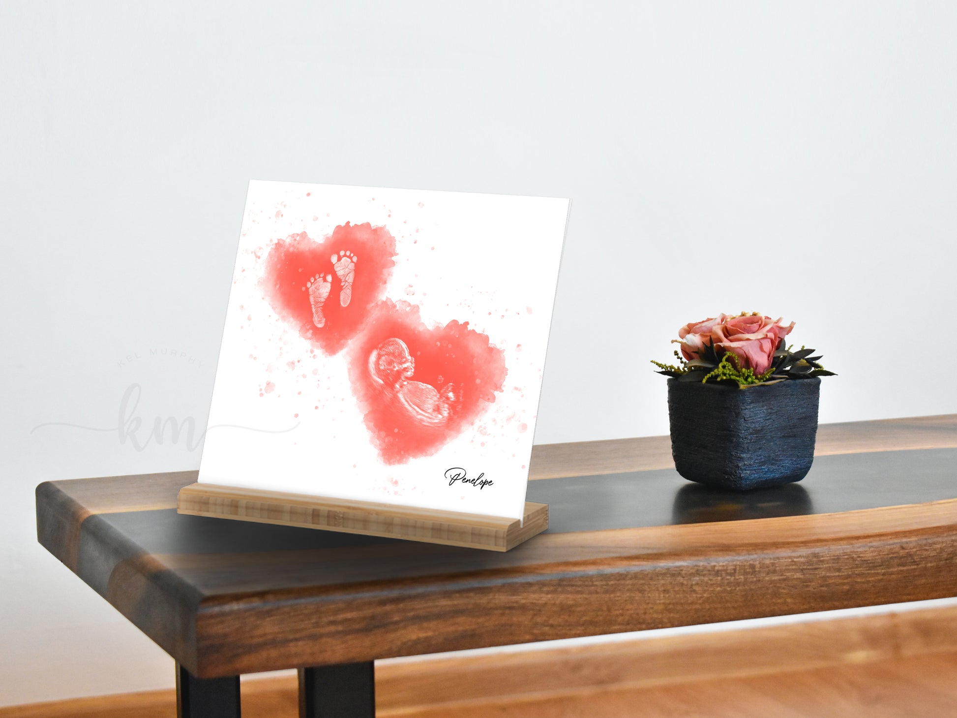 Twin heart watercolor design with ultrasound and handprints or footprints for pregnancy loss gift

