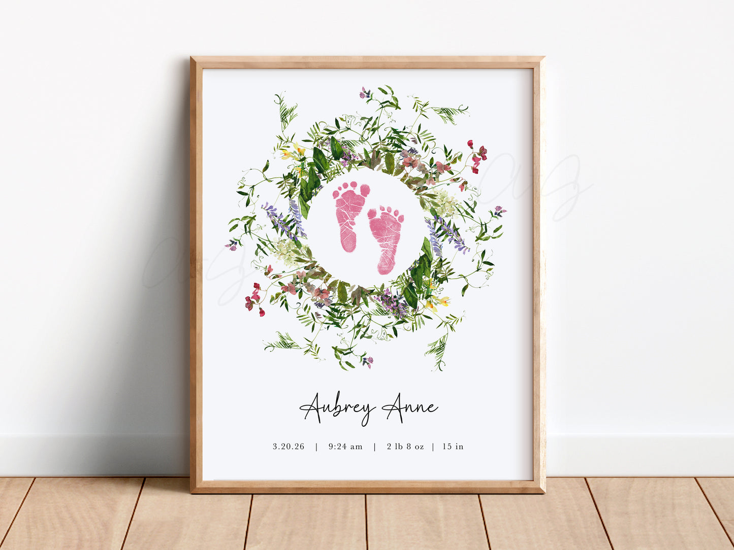 Baby Footprint Art with Watercolor Wildflower Wreath