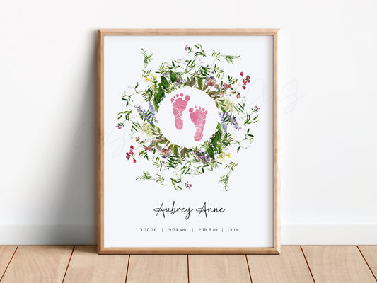 Baby Footprint Art with Watercolor Wildflower Wreath