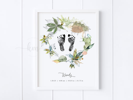 Baby footprint art with watercolor leaves – personalized keepsake for baby loss

