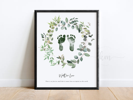 Baby footprint art with eucalyptus wreath – personalized baby loss keepsake

