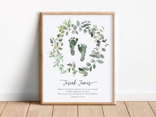Baby Footprint Art with Watercolor Eucalyptus Wreath