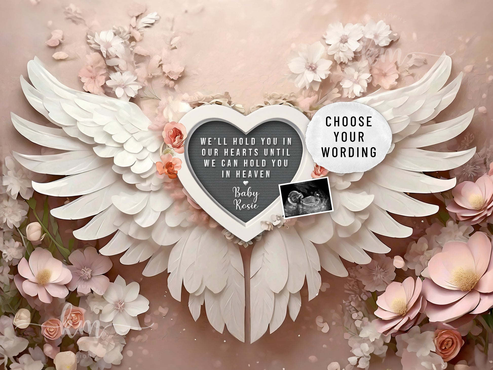 Peach floral baby loss announcement with angel wings for miscarriage or infant loss

