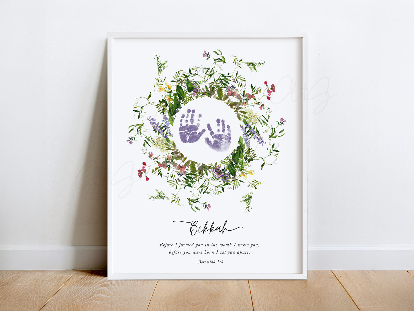 Baby Footprint Art with Watercolor Wildflower Wreath