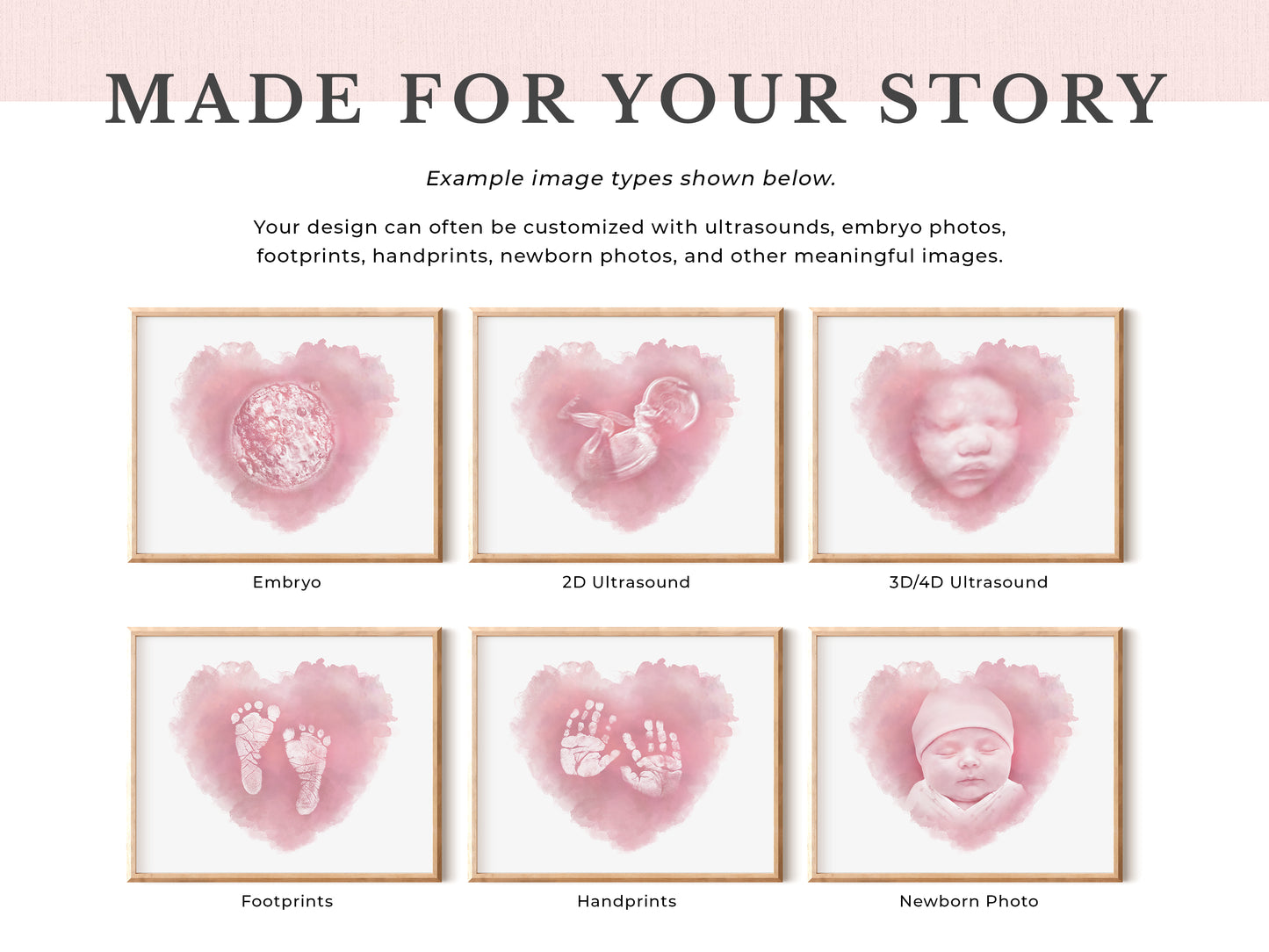 Custom watercolor baby keepsake art from embryo photos, IVF embryos, ultrasound images, baby footprints, handprints, and newborn photos. Personalized memorial and nursery artwork by Abide and Grace.
